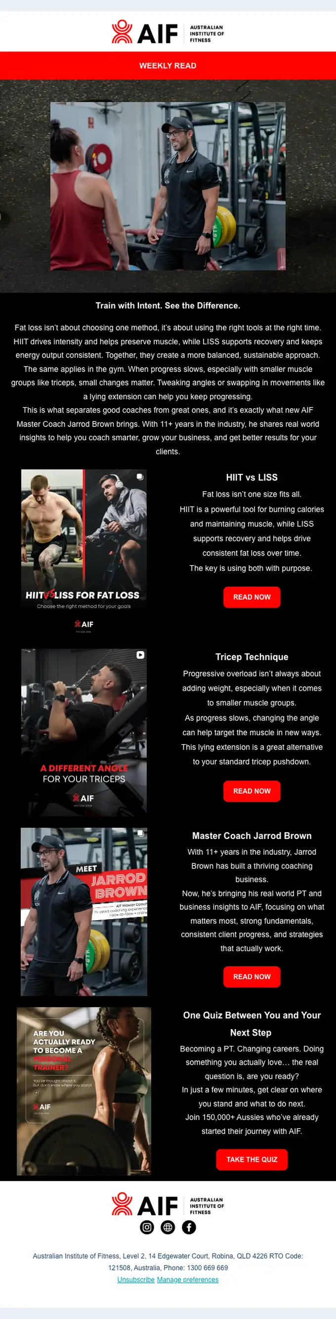 Australian Institute of Fitness newsletter email, full length