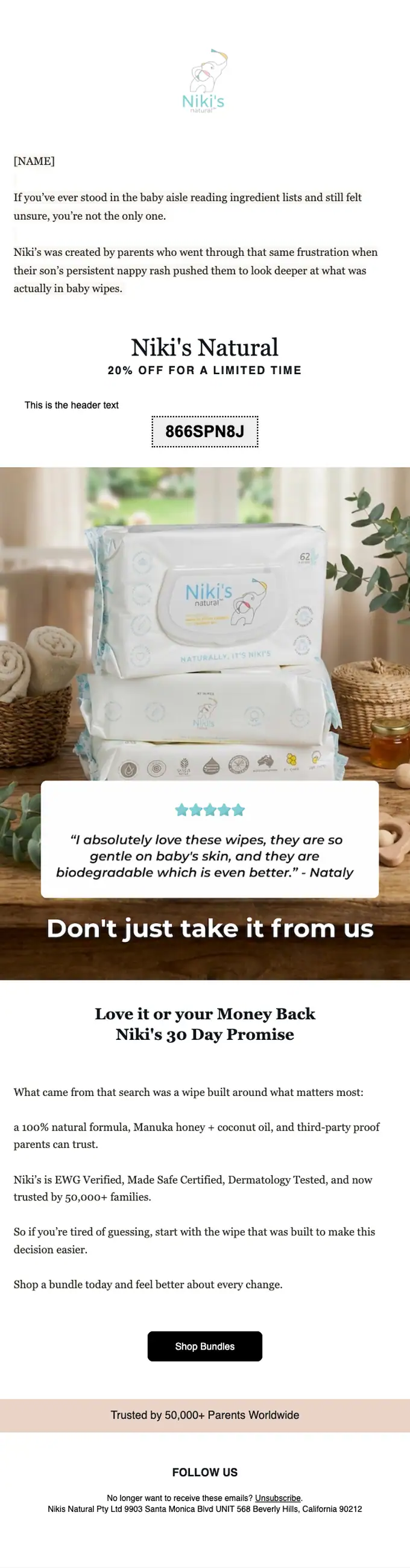 Niki's Natural promotional email, full length