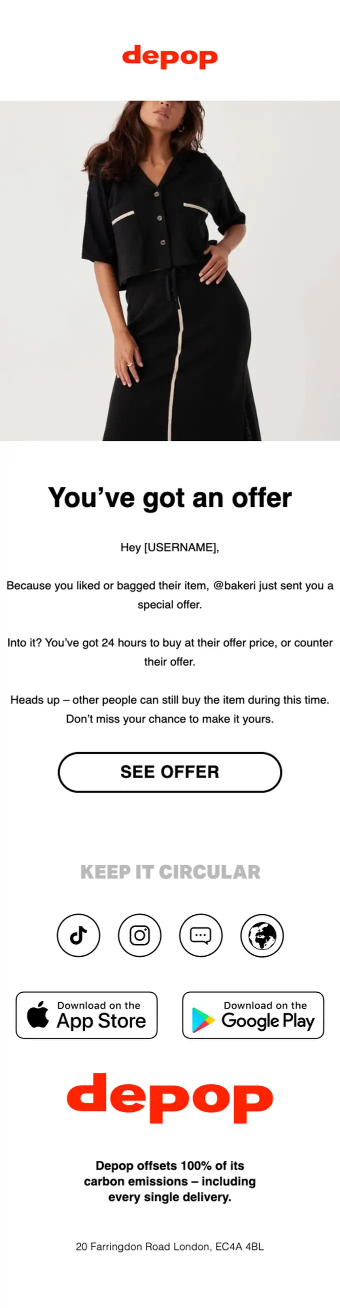 Depop discount offer email, full length