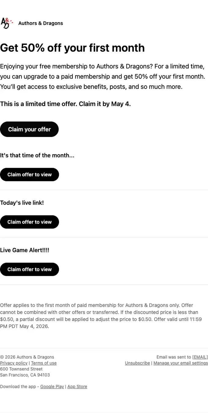 Patreon discount offer email, full length