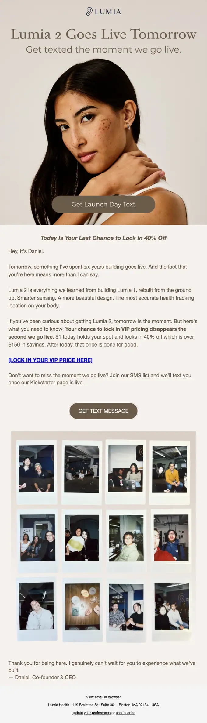Lumia Health product launch email, full length