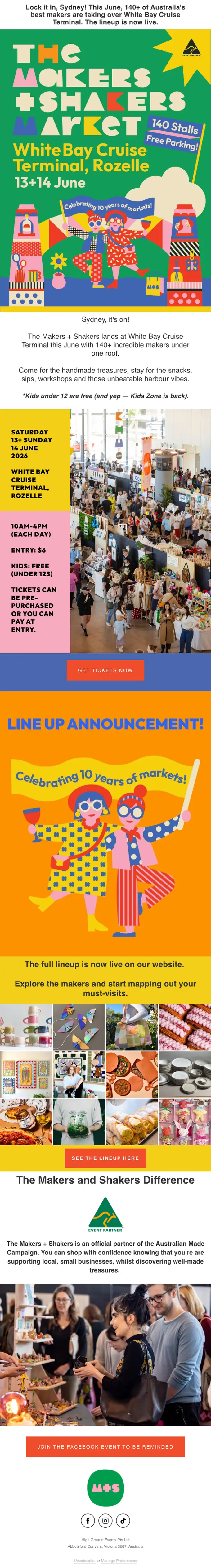 The Makers and Shakers Market event invite email, full length