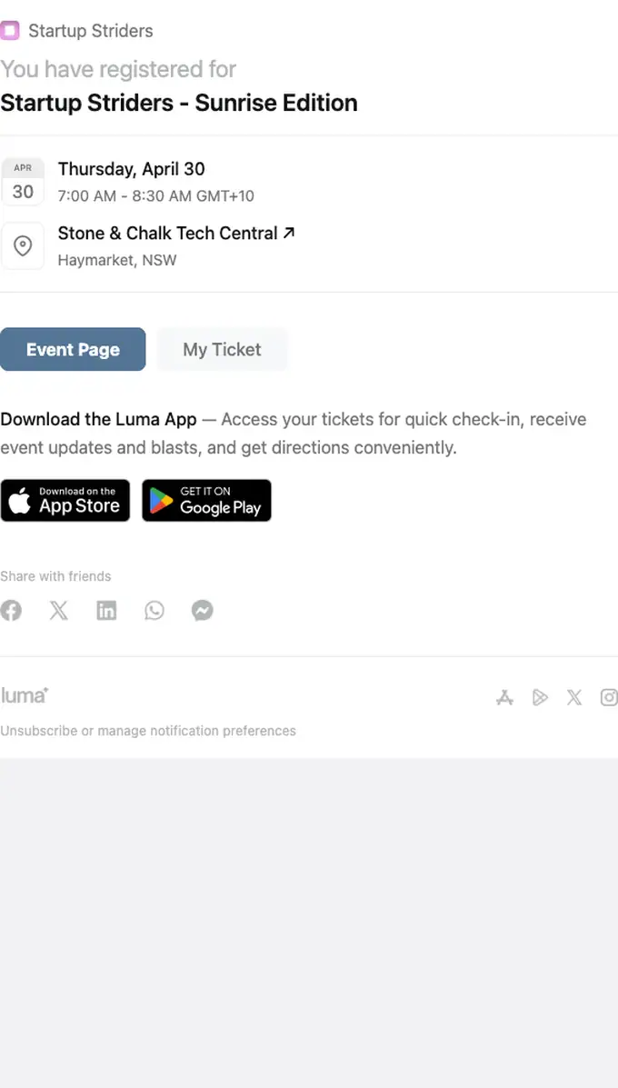 Startup Striders booking confirmation email, full length