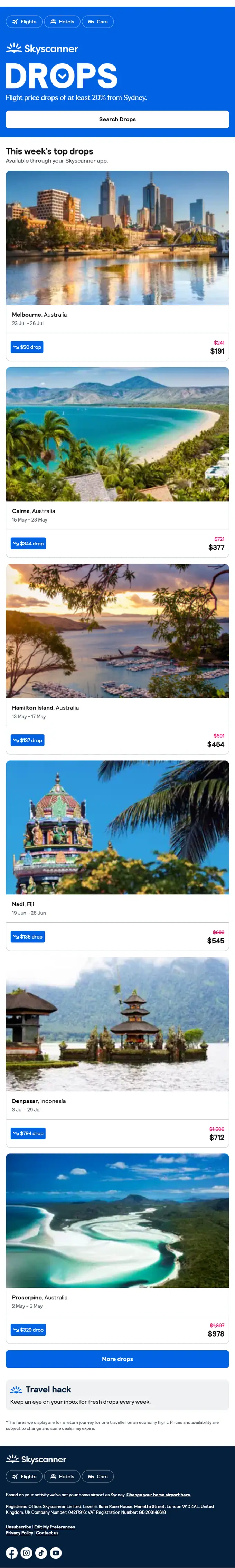 Skyscanner price drop email, full length