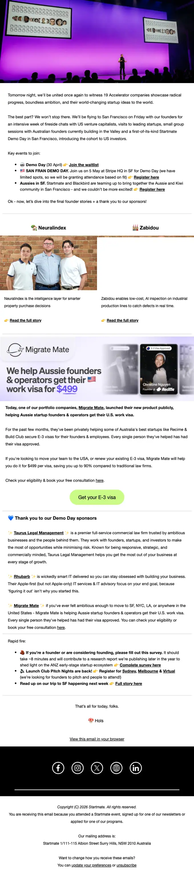 Startmate newsletter email, full length