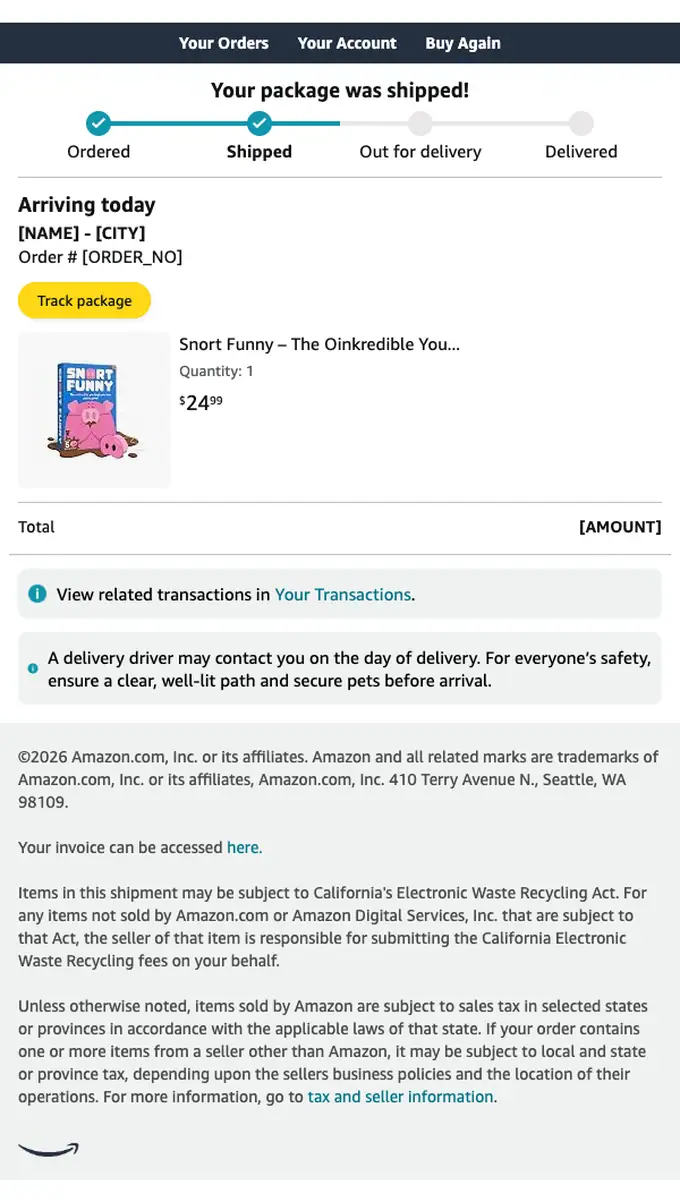 Amazon.com shipping email, full length