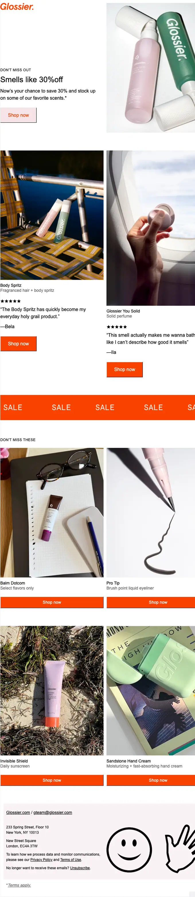 Glossier discount offer email, full length