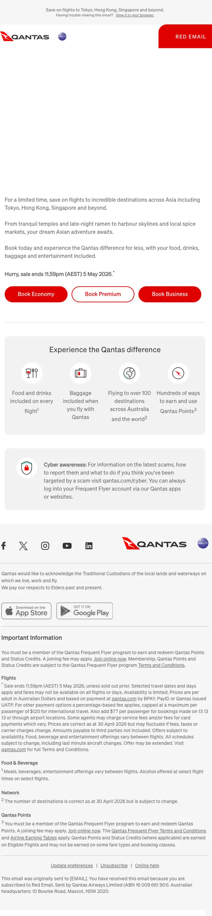 Qantas Red Email sale email, full length