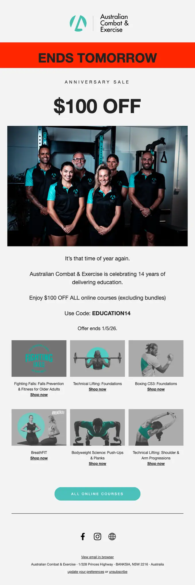Australian Combat & Exercise discount offer email, full length