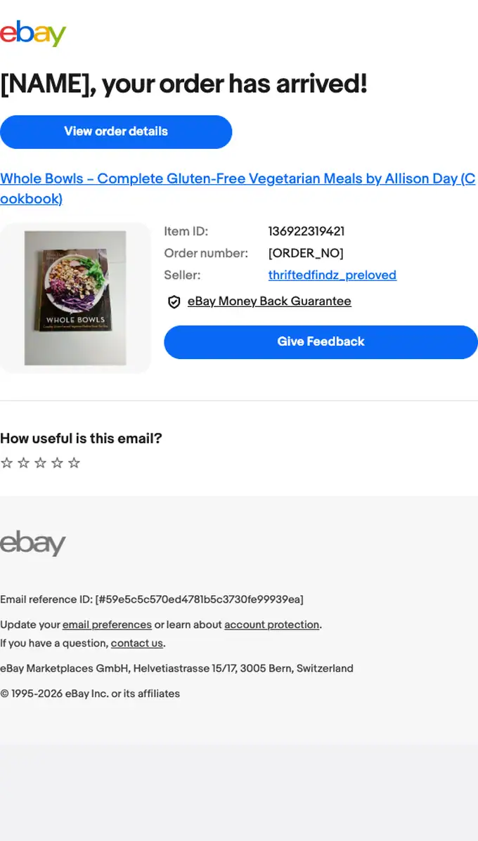 eBay delivery email, full length