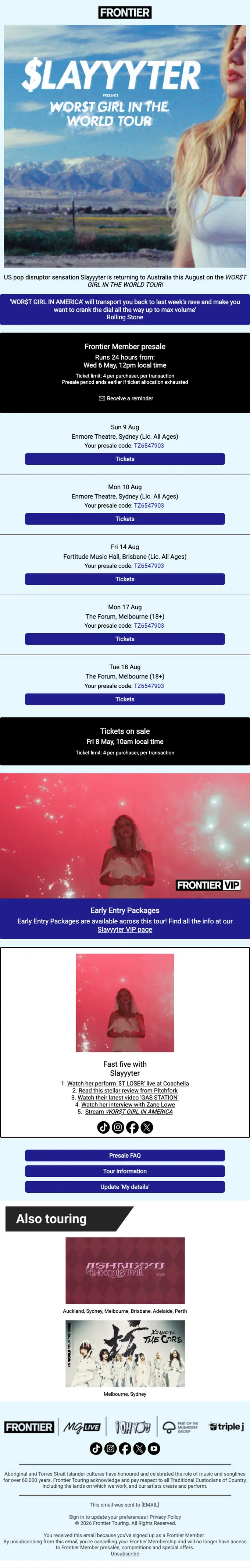 Frontier Touring event invite email, full length