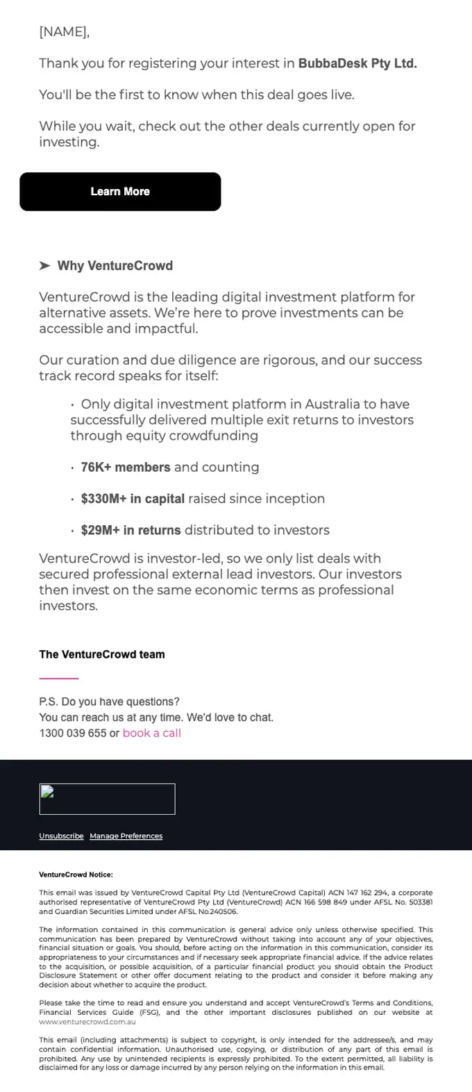 VentureCrowd thank you email, full length
