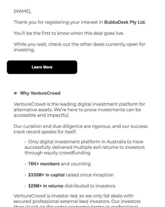 VentureCrowd thank you email