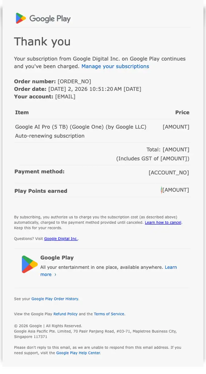 Google Play receipt email, full length