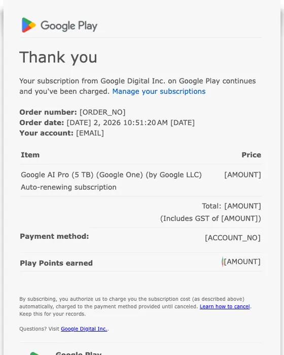 Google Play receipt email