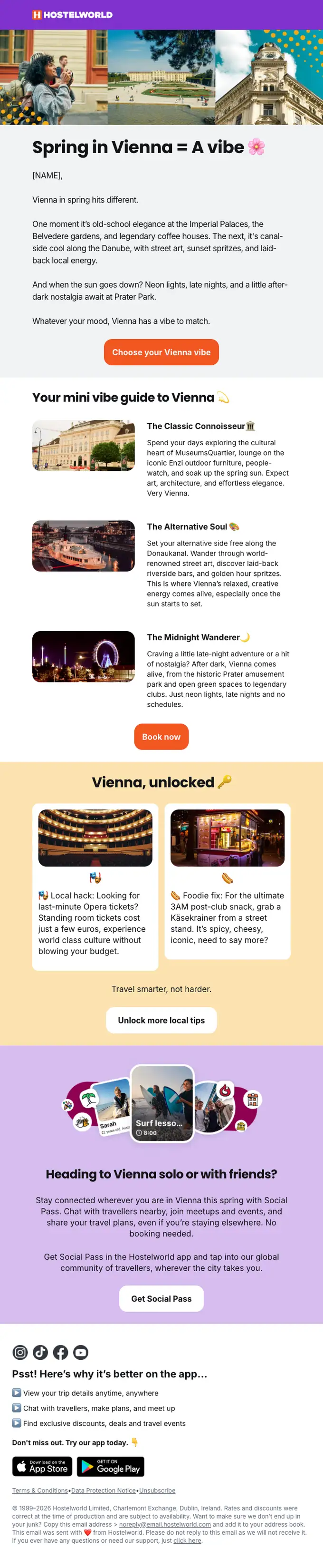 Hostelworld promotional email, full length