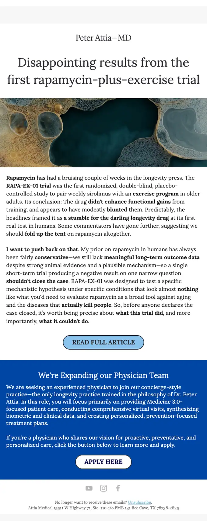 Peter Attia, M.D. newsletter email, full length