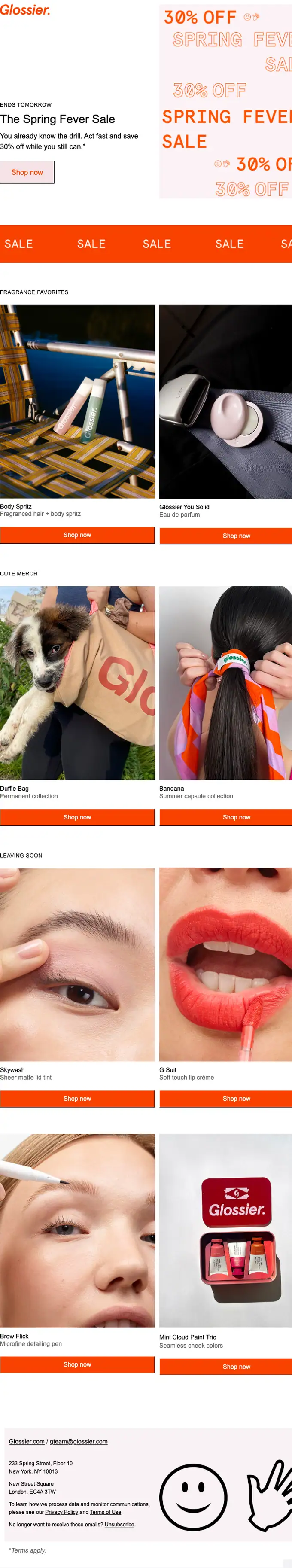 Glossier sale email, full length
