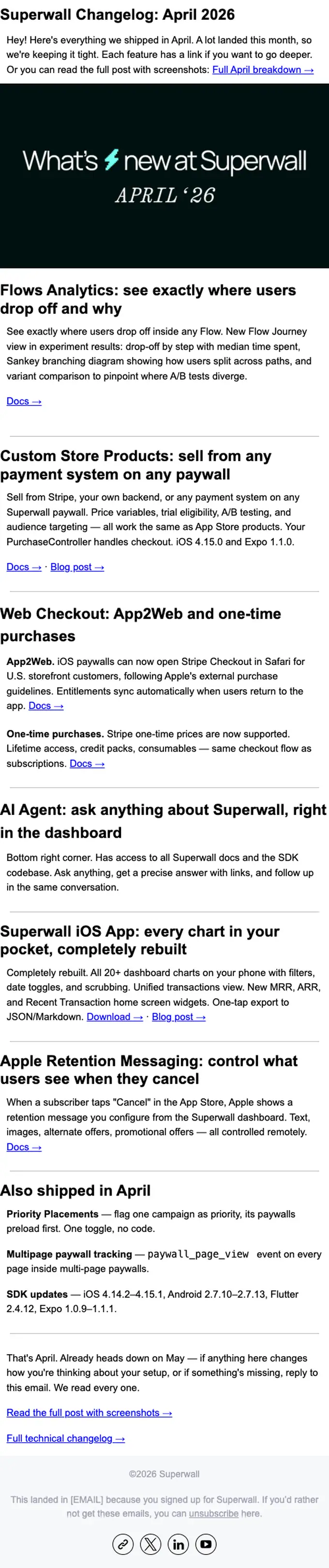 Superwall newsletter email, full length