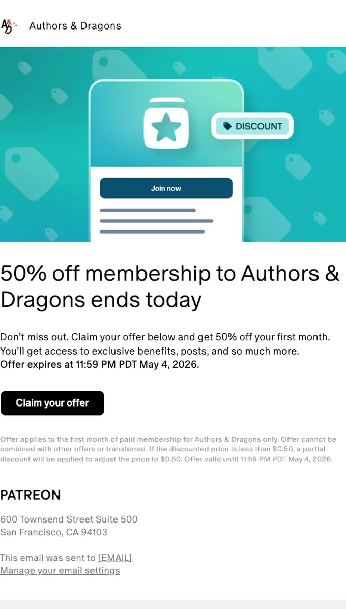 Patreon discount offer email, full length
