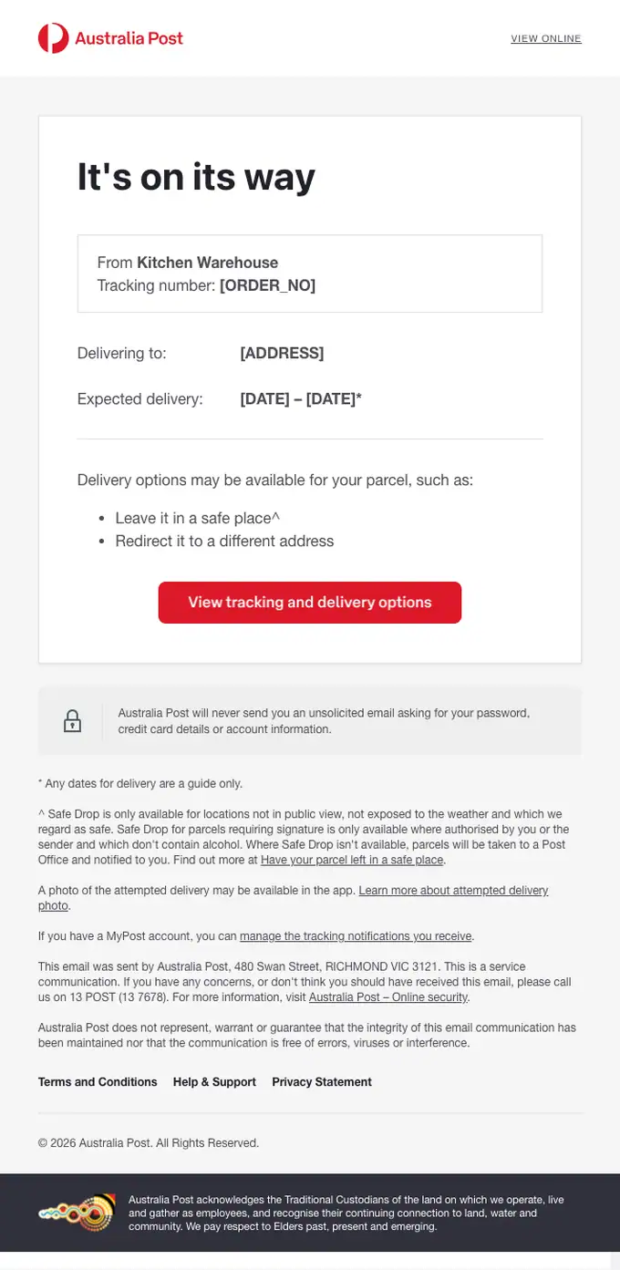 Australia Post shipping email, full length