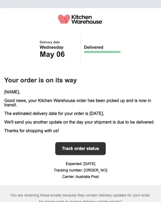 Kitchen Warehouse tracking email