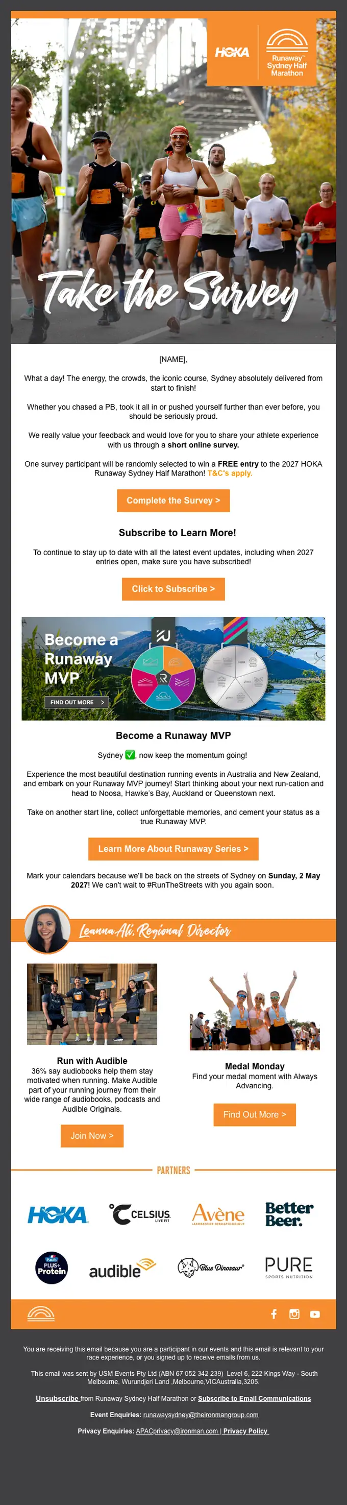 Runaway Sydney Half Marathon survey email, full length