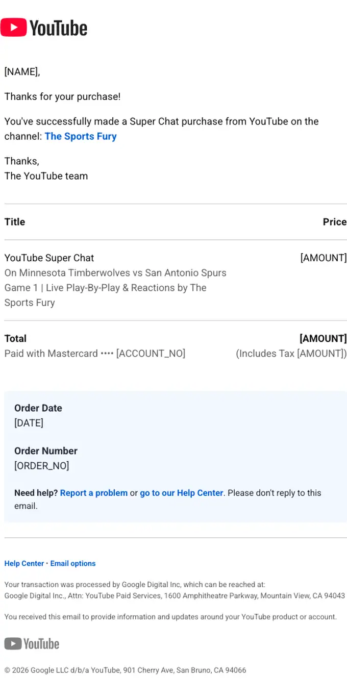 YouTube receipt email, full length