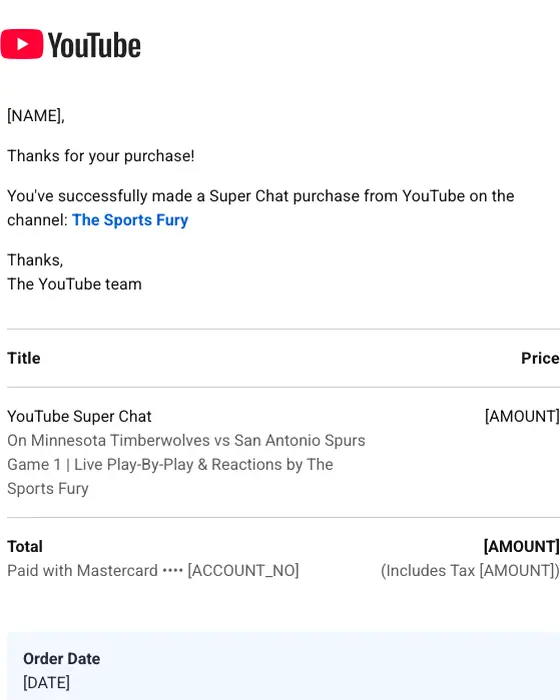 YouTube receipt email