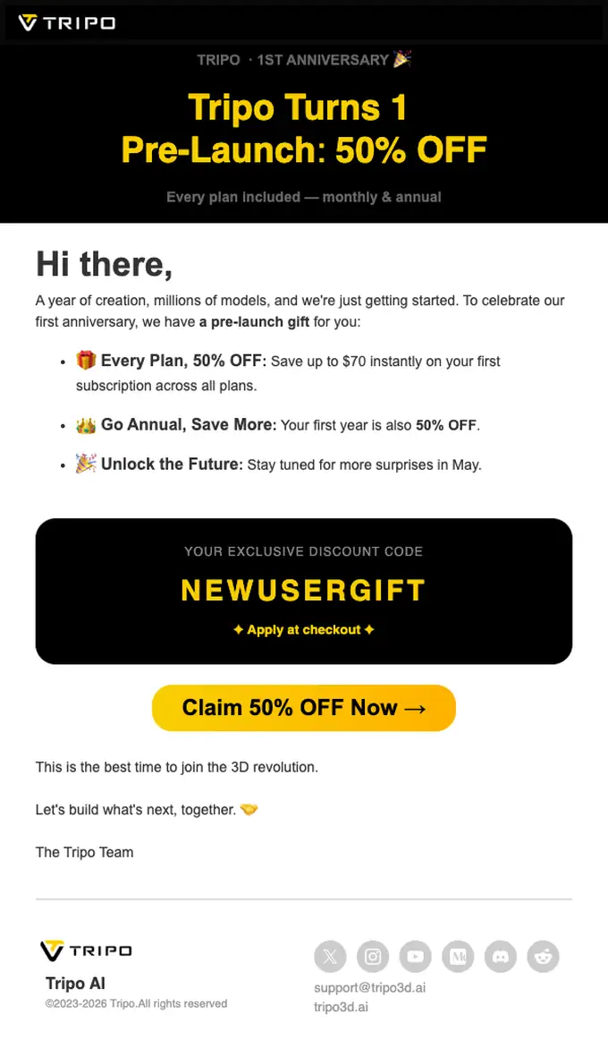 Tripo AI discount offer email, full length