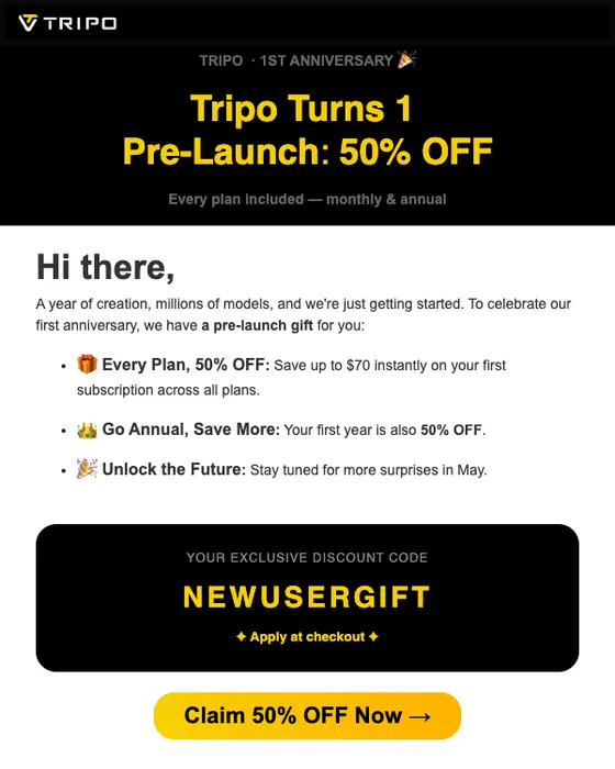 Tripo AI discount offer email