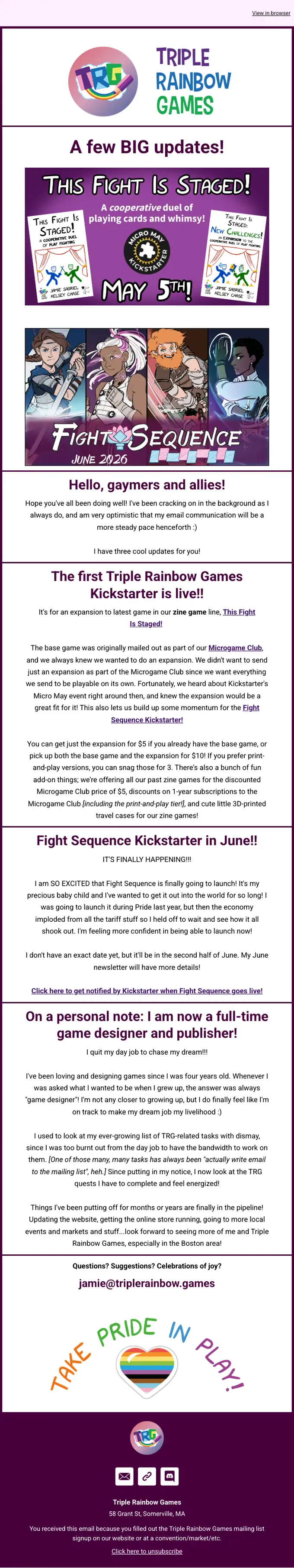 Triple Rainbow Games newsletter email, full length
