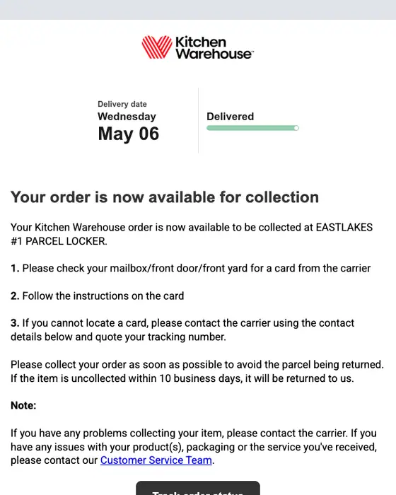 Kitchen Warehouse tracking email