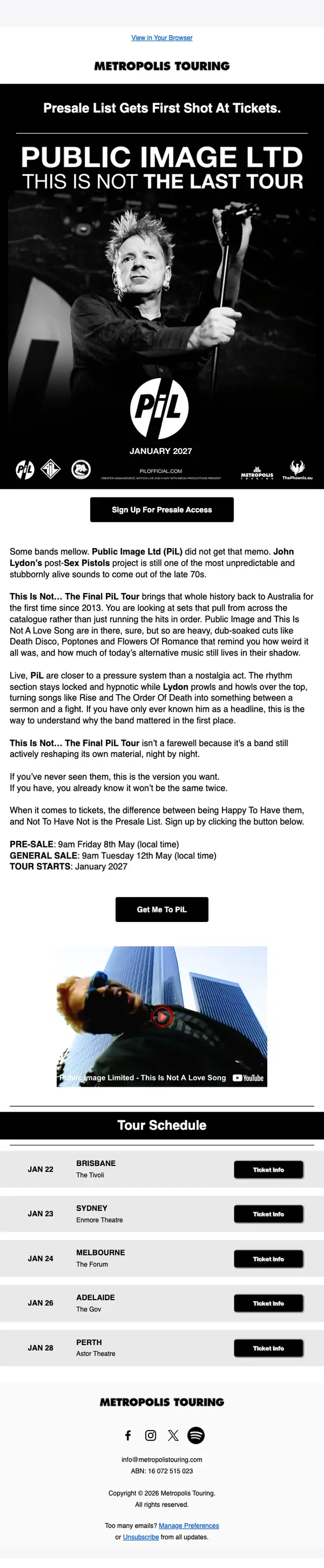 Metropolis Touring promotional email, full length