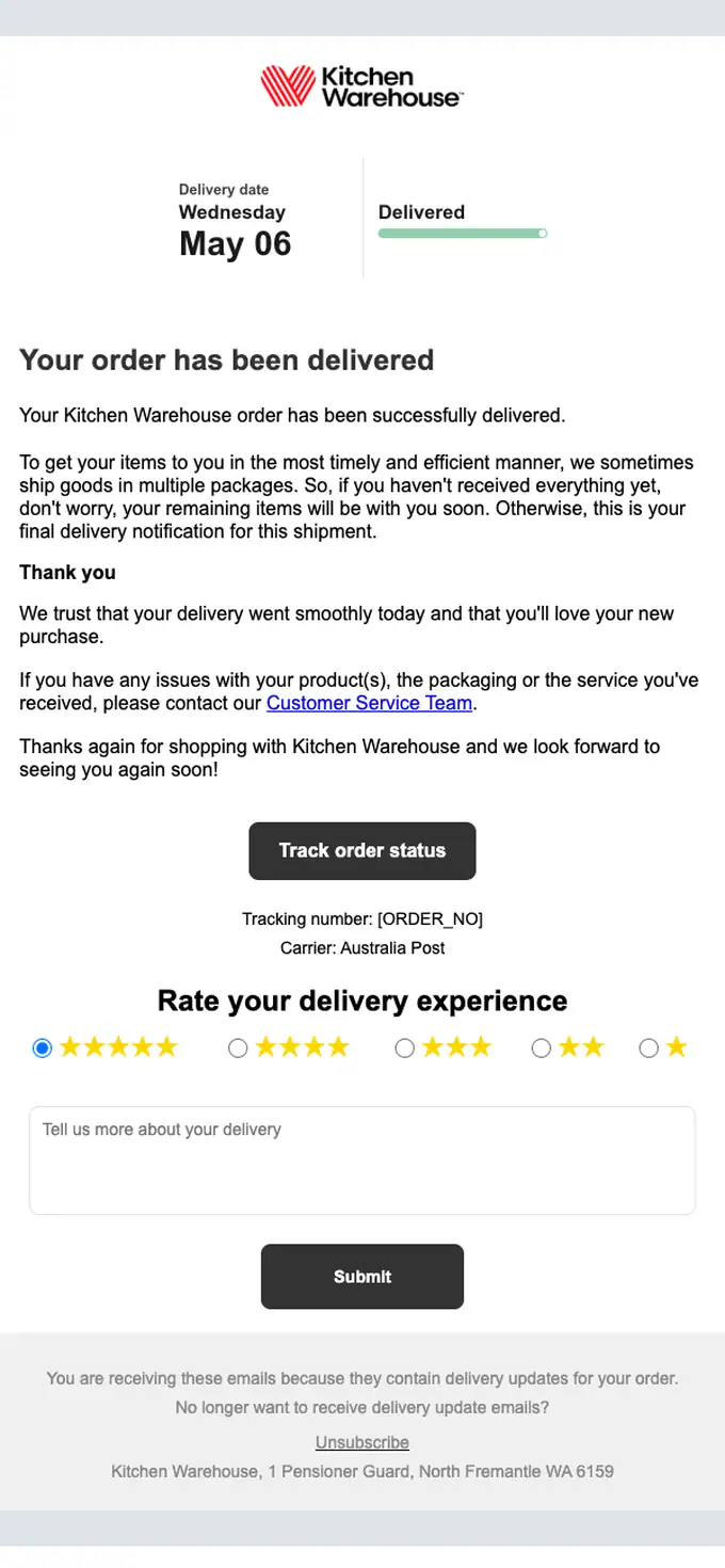 Kitchen Warehouse delivery email, full length