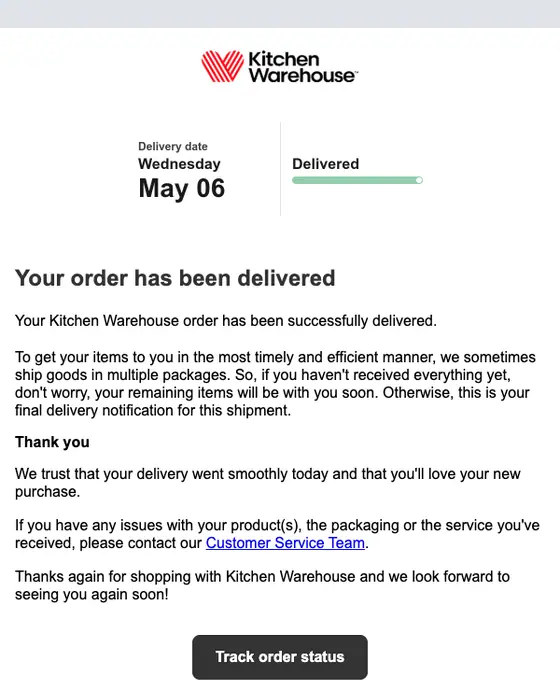 Kitchen Warehouse delivery email: Your order [REF] has been delivered