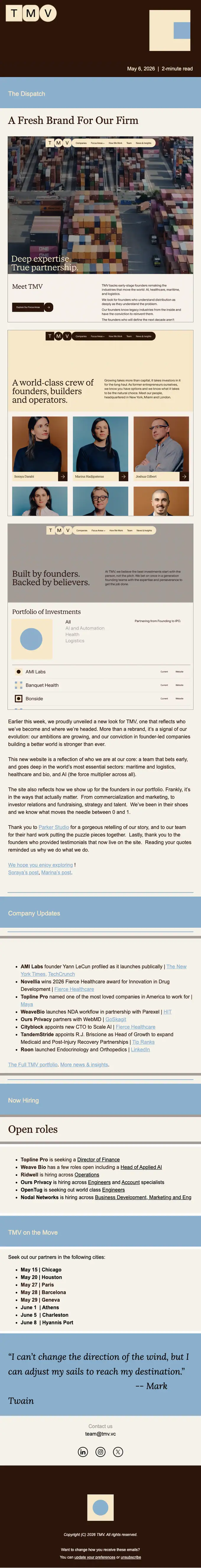 TMV newsletter email, full length