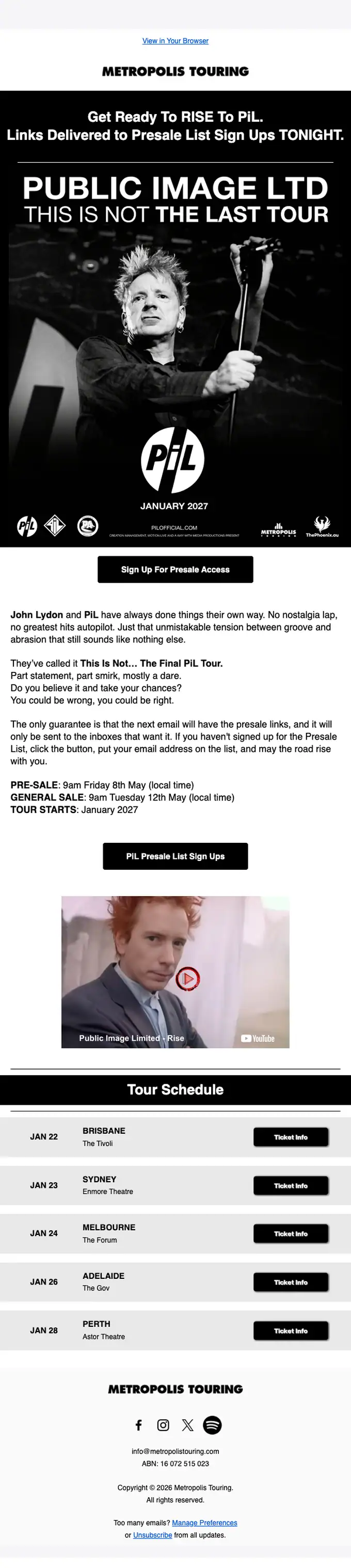 Metropolis Touring event invite email, full length