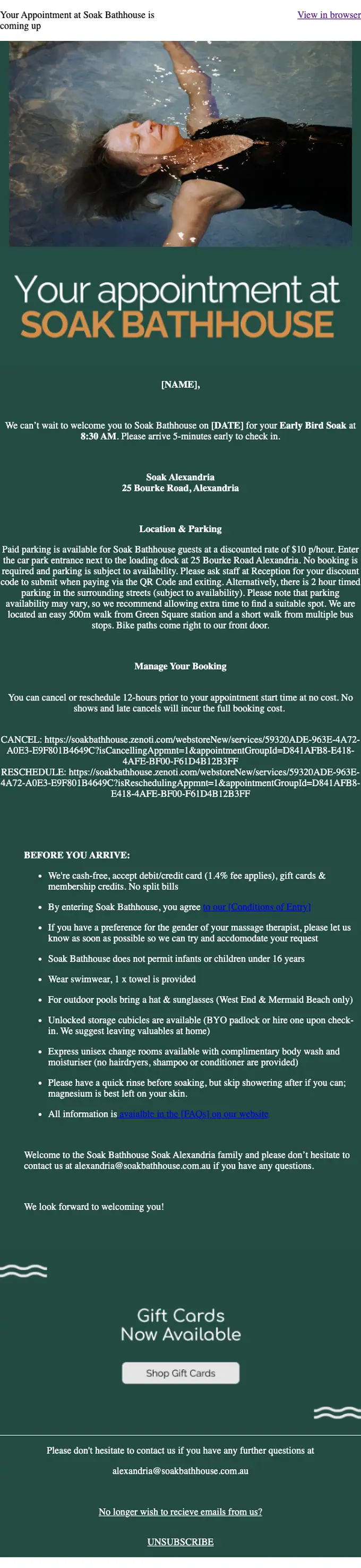 Soak Bathhouse appointment email, full length
