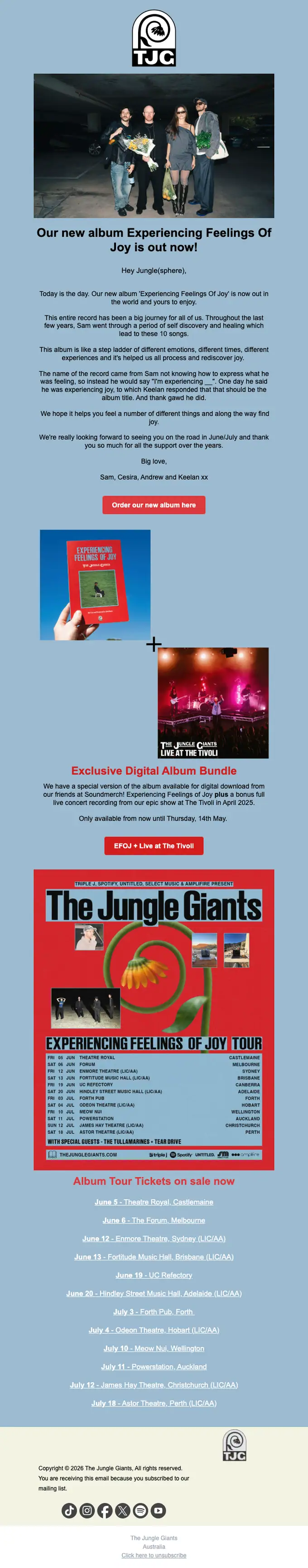 The Jungle Giants product launch email, full length