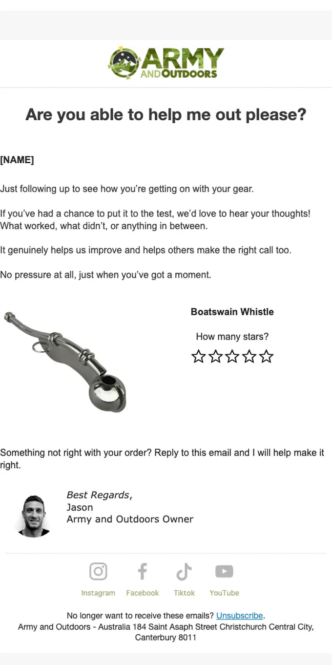 Army and Outdoors survey email, full length