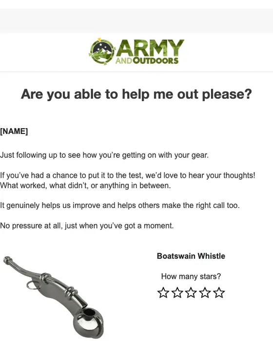 Army and Outdoors survey email
