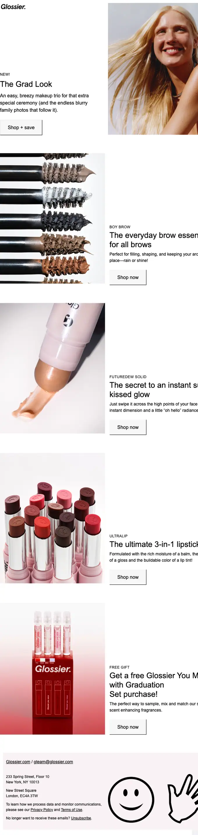 Glossier product launch email, full length