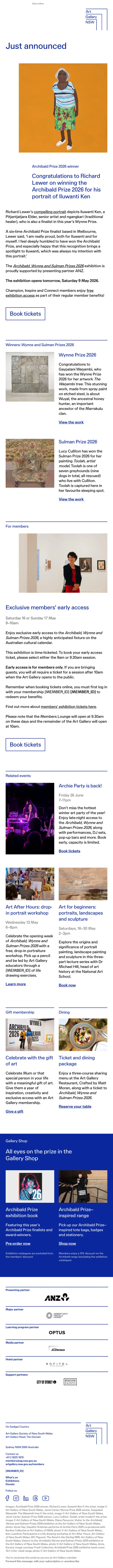Art Gallery of NSW Members newsletter email, full length