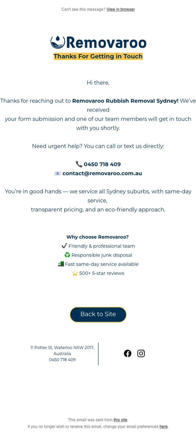 Removaroo Rubbish Removal thank you email, full length
