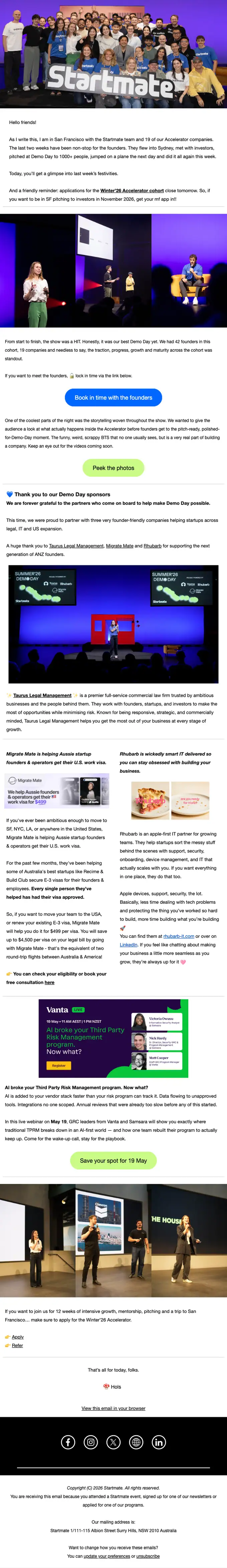 Startmate newsletter email, full length