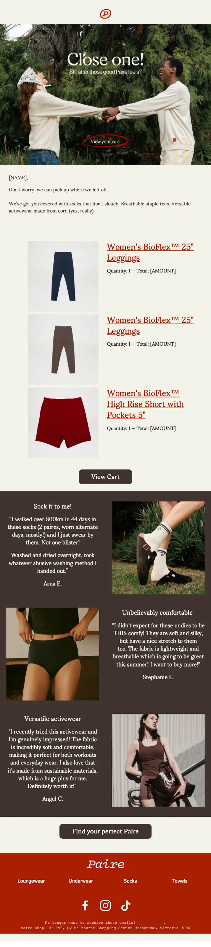 Paire abandoned cart email, full length