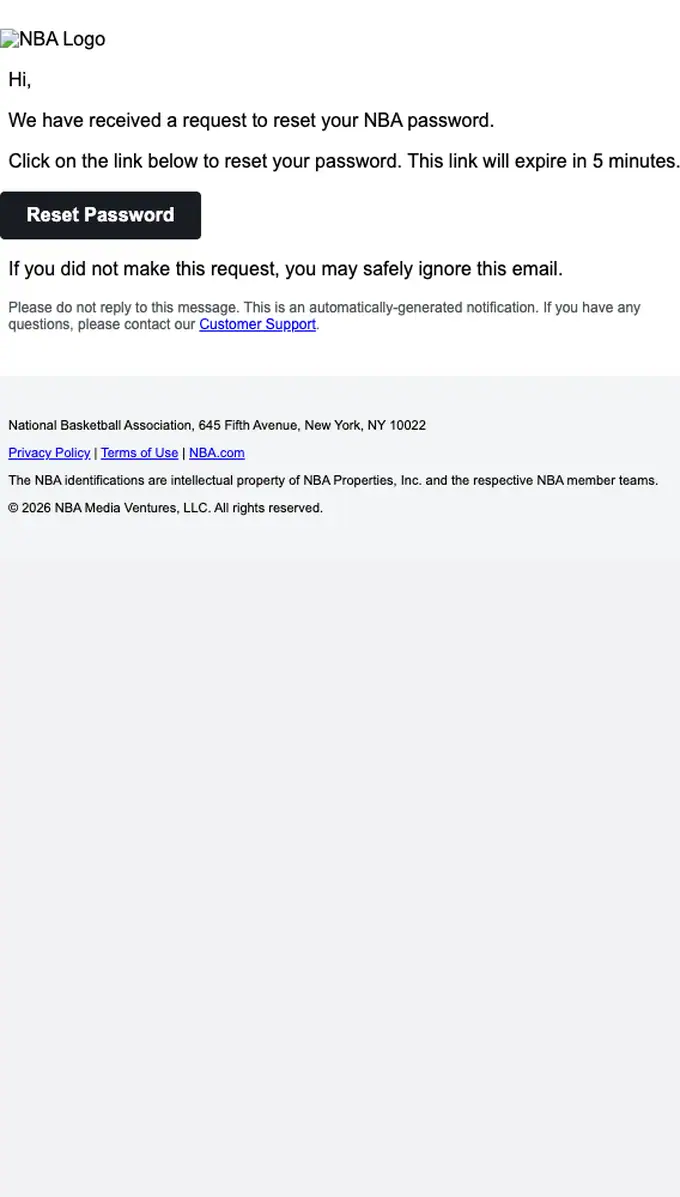 NBA password reset email, full length