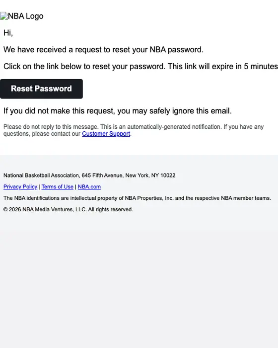 NBA password reset email