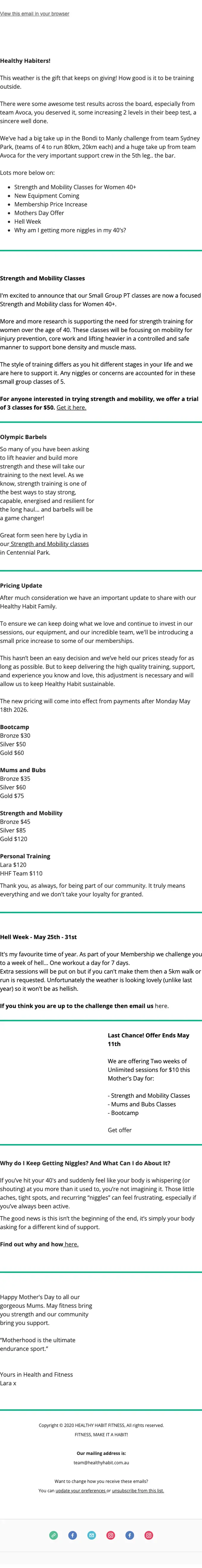 Healthy Habit Fitness newsletter email, full length